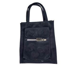 Butterfly Embroidered Mini Tote Handbag Y2K Goth Grunge Shoulder Purse Black PVC